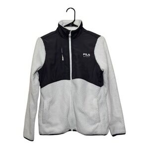 Fila Sport Womens Full Zip Athletic Fleece Jacket White Gray Contrast Size Small